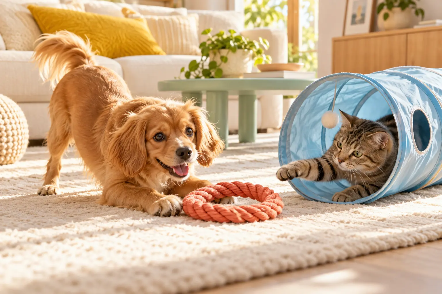 A dog and cat sharing a cheerful sunlit play space