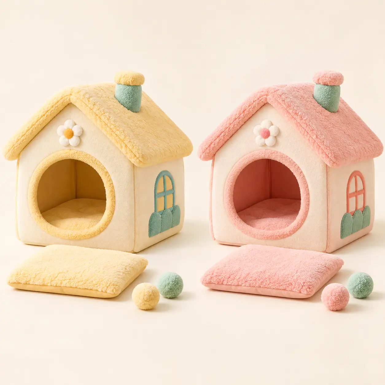 Hide & Pounce Cottage — Cream yellow / Peach pink